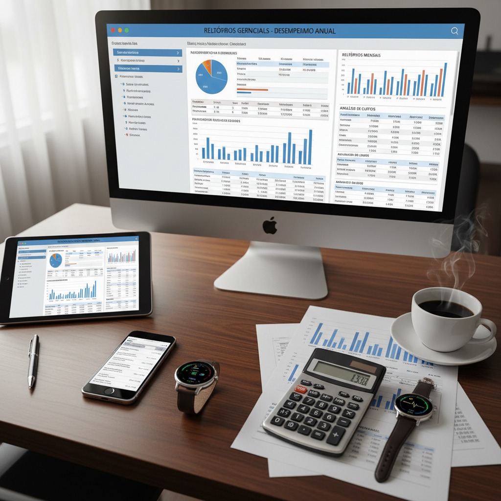 Imagem com tela de computador, tablet, celular e relatórios gerenciais, uma calculadora e um xicara de café.